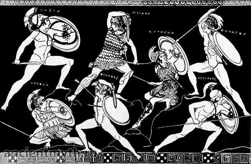 Битва с амазонками, рисунок на древнегреческой вазе. Древним художником изображение идеализировано.