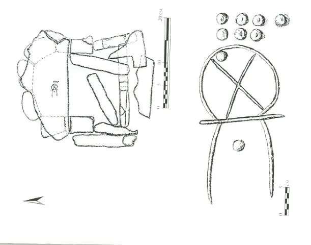 На рисунке слева изображён план дольмена Дудугуш 1, справа увеличенные петроглифы.
