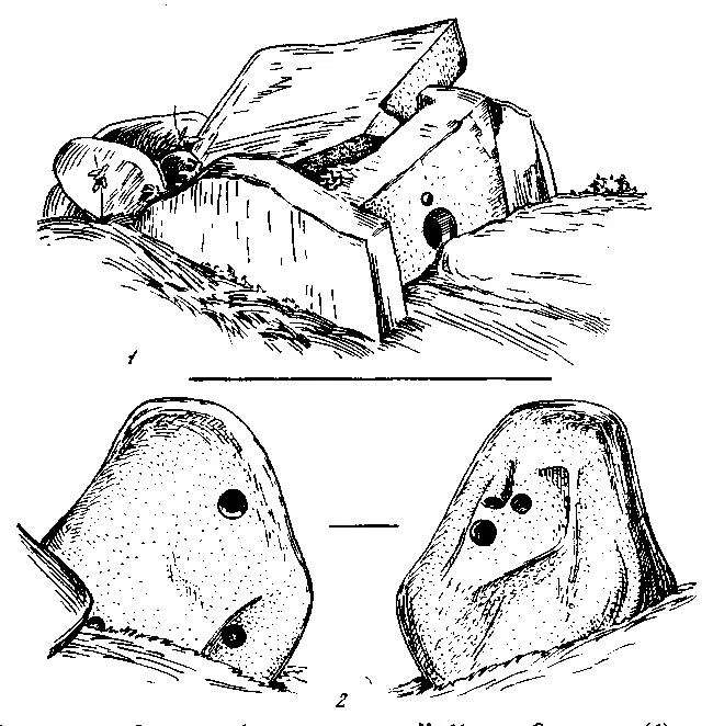 Рисунки чашевидных углублений на дольмене № 11 Солохаульской группы и скале.