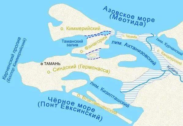 Схема предполагаемых островов в пределах Таманского полуострова в I веке нашей эры.