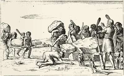 Гравюра Йохана Пикарда (1660 г.) «Построение дольмена в союзе гигантов и карликов»