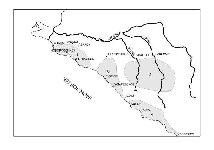 Картосхема районов локализации дольменов Западного Кавказа