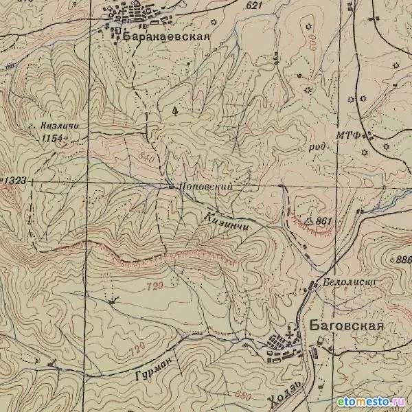 Участок карты 1941 г., где значатся долины рек Гурмай (на карте опечатка — Гурман?) и Кизинчи.