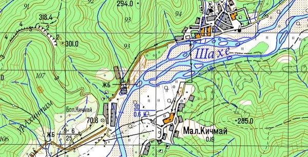 Урочище Ахинтам западнее одноимённого посёлка Фрагмент современной карты с урочищем Ахинтам, ошибочно подписанным как часть аула Большой Кичмай