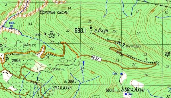 Гора Ахун 693,1 м и Ахунская башня на карте Фрагмент современной карты с абсолютной высотой горы Ахун 693,1 м и капитальным башенным сооружением, обозначенным у геодезического знака на вершине