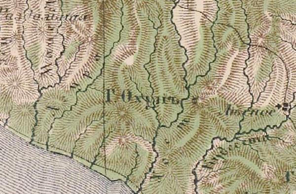 Карта Кавказа Стрельбицкого 1871 г. гора Охунъ Фрагмент карты Кавказа Стрельбицкого И.А. 1871 года с обозначением горы Охунъ, которая сейчас называется Ахун