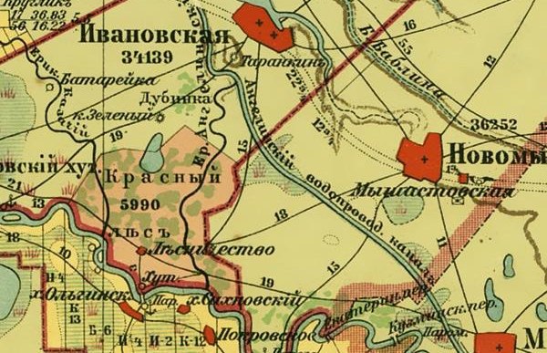 Ангелинский водопроводный канал и участок Ангелинского ерика на карте 1904 г.