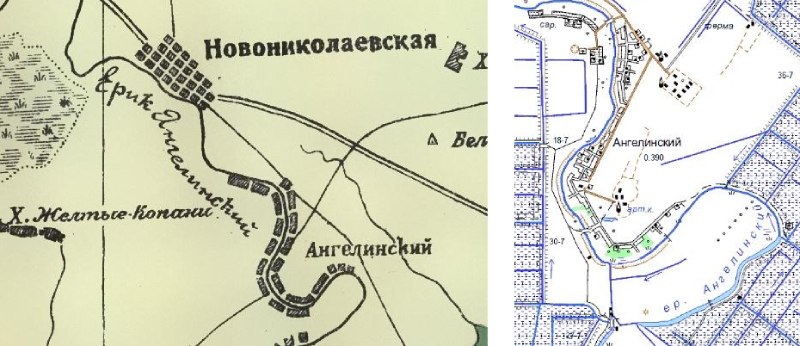 Участок Ангелинского ерика и хутор Ангелинский на картах 1926 г. и современной