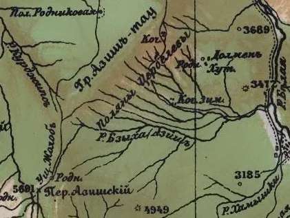 Фрагмент 5-ти вёрстной карты Кавказского края 1926 г. Речка Бзыха (Азишъ) имеет двойное название.