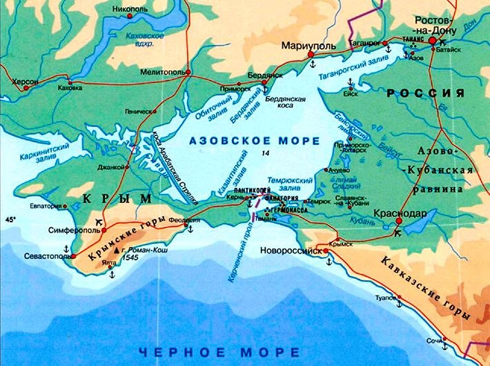 Физическая карта Азовского моря