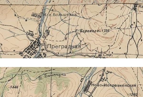 Гора Бараниха и речка Башкиркана карте 40-х годов ХХ века Гора Бараниха и речка Башкиркана карте 40-х годов ХХ века