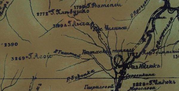 Фрагмент карты 1926 г., где значится р. Таштай и р. Букепка