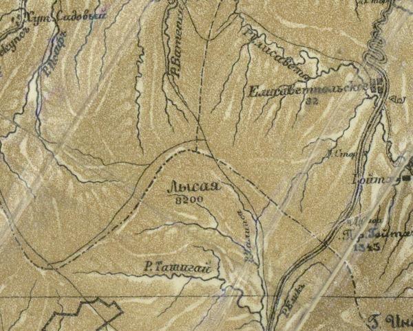 Фрагмент карты 1906 г., где показано верхнее течение реки Чалипса