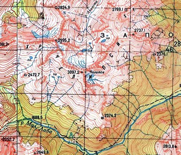 Фрагмент современной карты где в центре расположен хребет Челипси и гора Челипси