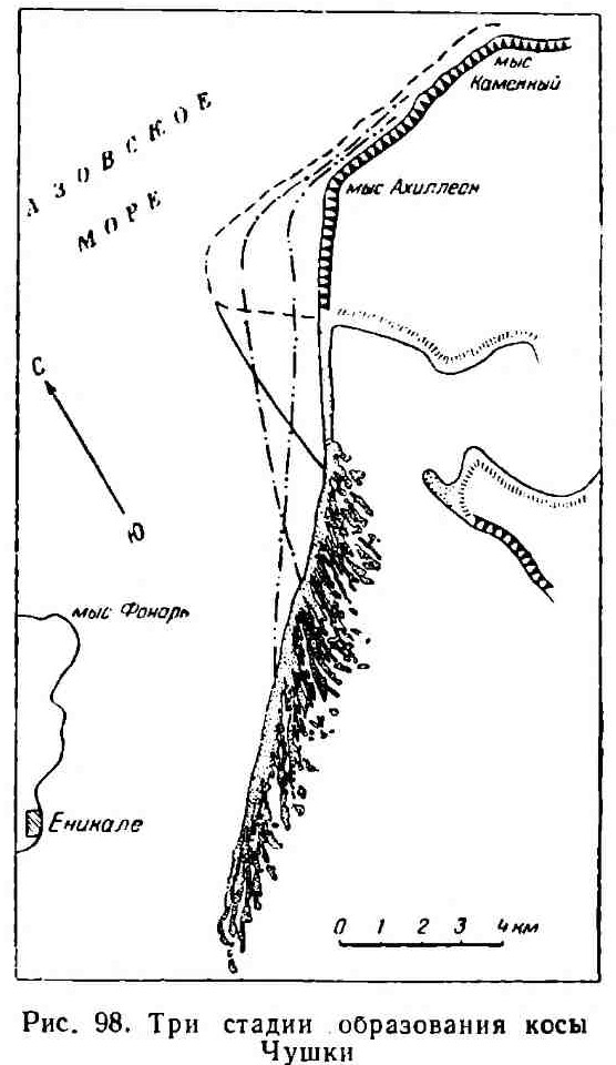 Картосхема косы Чушка из монографии Зенковича «Берега Чёрного и Азовского морей»