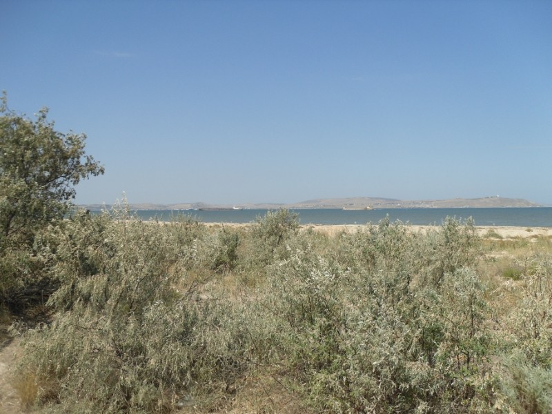 Вид на Керченский пролив и Крымский полуостров с косы Чушка в районе порта Кавказ, фото автора