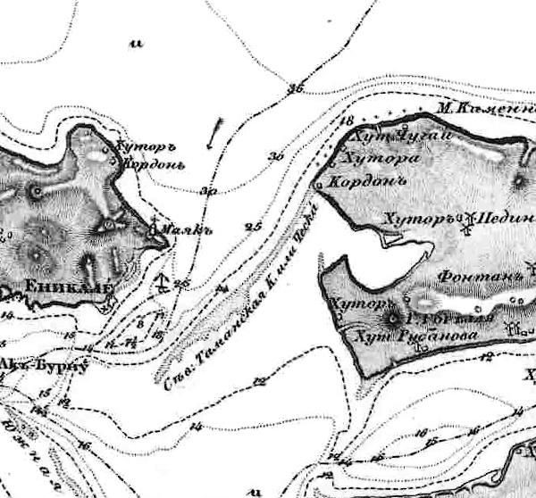 Фрагмент карты Азовского моря Е.П. Манганари 1833 года, коса Чушка названа Таманская или Чёска