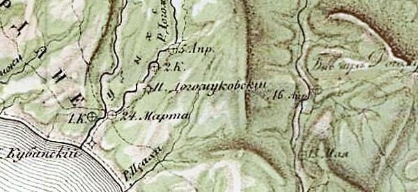 Карта 1864 г. посты Кубанский и Догомуковский Фрагмент карты действий Даховского отряда 1864 года с постами Кубанский и Догомуковский в устье реки Догомысъ