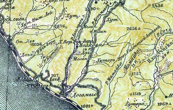 Карта 30-х годов ХХ в. Восточный и Западный Дагомыс Фрагмент 5-вёрстной карты Северо-Кавказского края 1930-х годов с посёлком Догомыс и реками Восточный и Западный Дагомыс