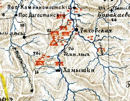 Дегуакско-Даховская группа дольменов на карте 1882 г.