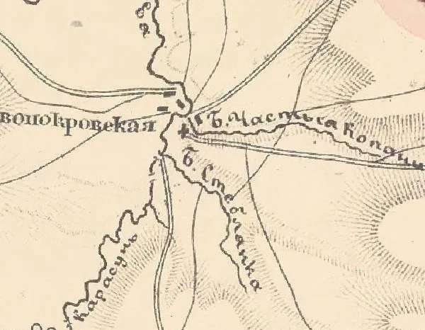 Фрагмент карты 1880 г. Река Ея образуется тремя притоками: Карасун, Стеблянка и Частые Копани