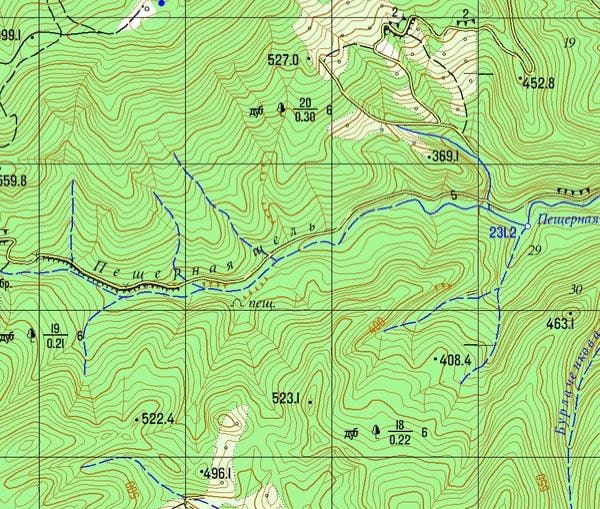 Фрагмент современной карты района расположения Бол. Фанагорийской пещеры