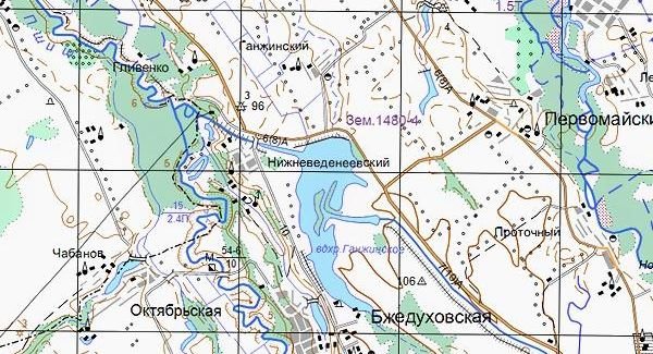Фрагмент современной карты, где значится посёлок Ганжинский и вдхр. Ганжинское