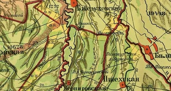 Верхнее течение реки Ганжа на карте Кубанской области 1904 г.