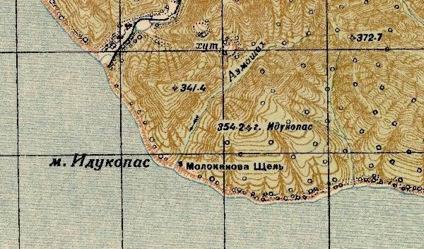 Карта 1941 г. мыс и гора Идукопас Фрагмент топографической карты 1941 года масштаба 1:100000 с обозначением мыса и горы Идукопас