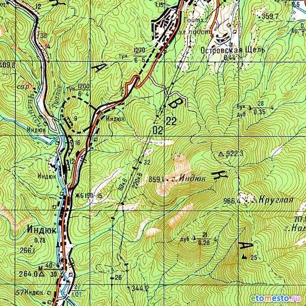 Гора Индюк на карте масштаба 1:100 000 издания 1990 г.