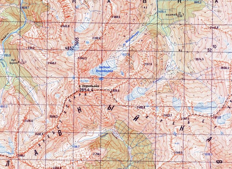 Фрагмент карты, где обозначены гора, ледник и ручей Воробьёва