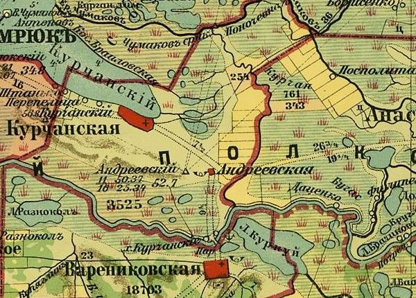 Карта Кубанской области 1904 г., где значатся лиманы Курчан, Курчанский и Куркуй