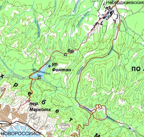 Карта местности между станицей Неберджаевской и городом Новороссийск