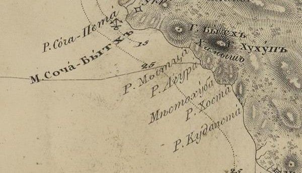Карта Чёрного моря Манганари 1828-1836 гг. Фрагмент карты Чёрного моря Манганари 1828-1836 годов, где река Мацеста обозначена как Мытца