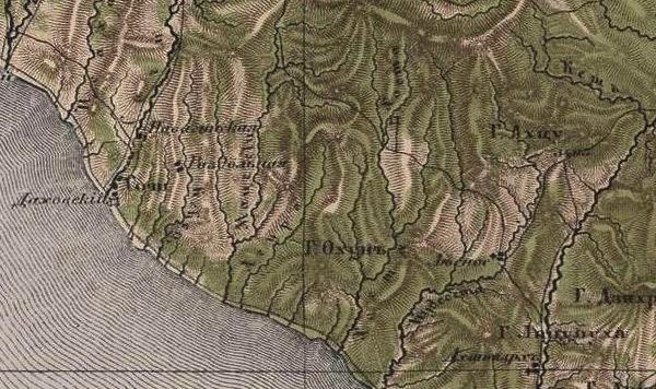 Карта Стрельбицкого 1871 г. реки Мацеста и Агура Фрагмент карты Стрельбицкого 1871 года с рекой Мацеста, долинами рек Бзугу, Агура и Хоста