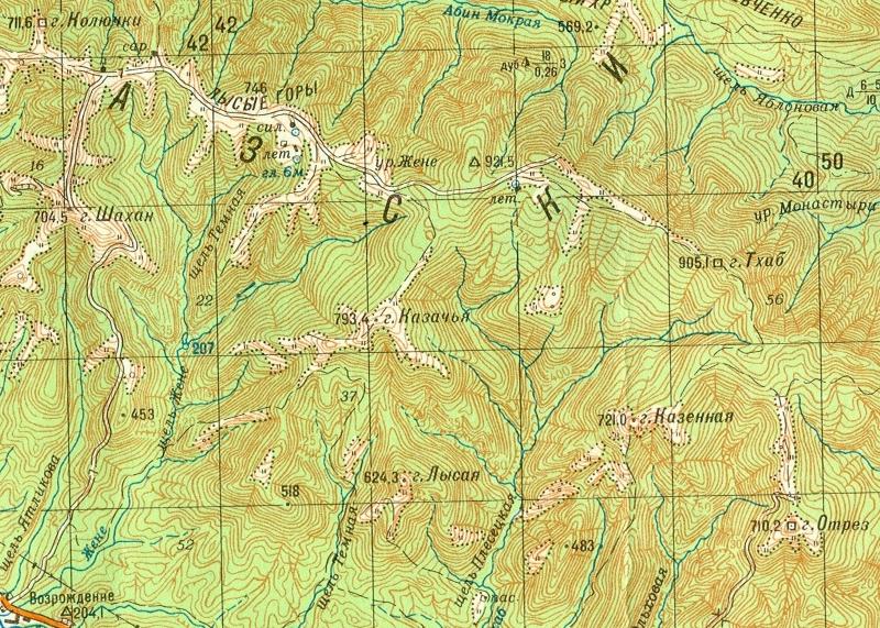 Фрагмент современной карты, где обозначены гора Шахан