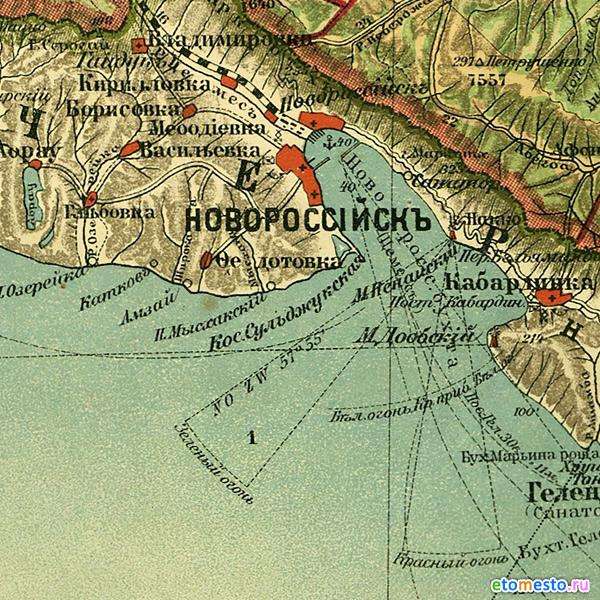 Новороссийск и Новороссийская бухта на карте Кубанской области