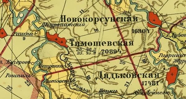 Станица Тимошевская на карте Кубанской области 1904 г.