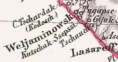 Фрагмент карты на немецком языке 1855 г., где значится форд Вельяминовск и селение Tugapse