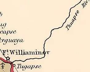 Фрагмент британской карты 1855 г., где значится селение Tugapse, река Thuapse и бухта Tuaps