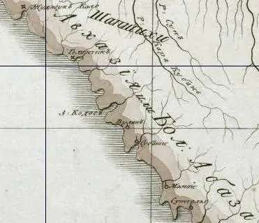 Фрагмент генеральной карты Российской империи, 1799 г. На карте обозначен участок Большой Абазы