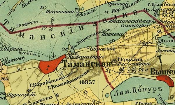 Карта Кубанской области 1904 г. район Тамани Фрагмент карты Кубанской области 1904 года издания описываемого района станицы Тамань