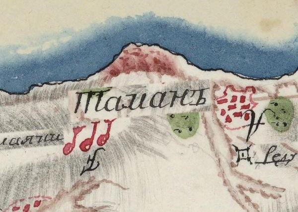Карта Фанагорийского уезда 1785 г. город Тамань Фрагмент карты Фанагорийского уезда Таврической области 1785 года с городом Тамань и районом современного урочища Турецкий Фонтан