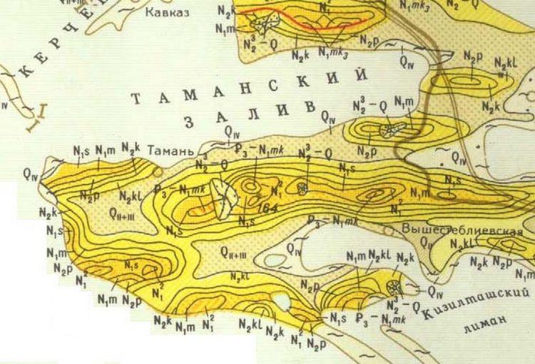 Геологическая карта Тамани отложения неогена и антропогена Фрагмент геологической карты Тамани с отложениями неогена (2-23 млн лет назад) и антропогена (четвертичный период ~2-2,6 млн лет назад до современности)
