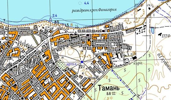 Станица Тамань артезианский колодец на карте Фрагмент современной карты станицы Тамань, в центре которой ошибочно обозначен артезианский колодец (арт. к.)
