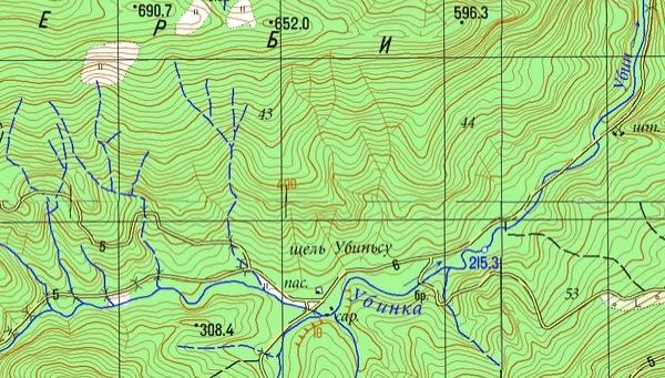 Верховья реки Убин на современной карте