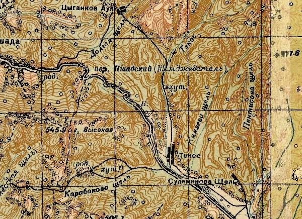 Фрагмент карты 1941 г., где значатся река Текос и посёлок Текос