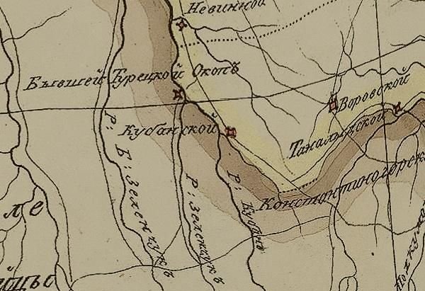 Фрагмент карты 1799 г., где обозначены левые притоки реки Кубань - Б. Зеленчук и М. Зеленчук
